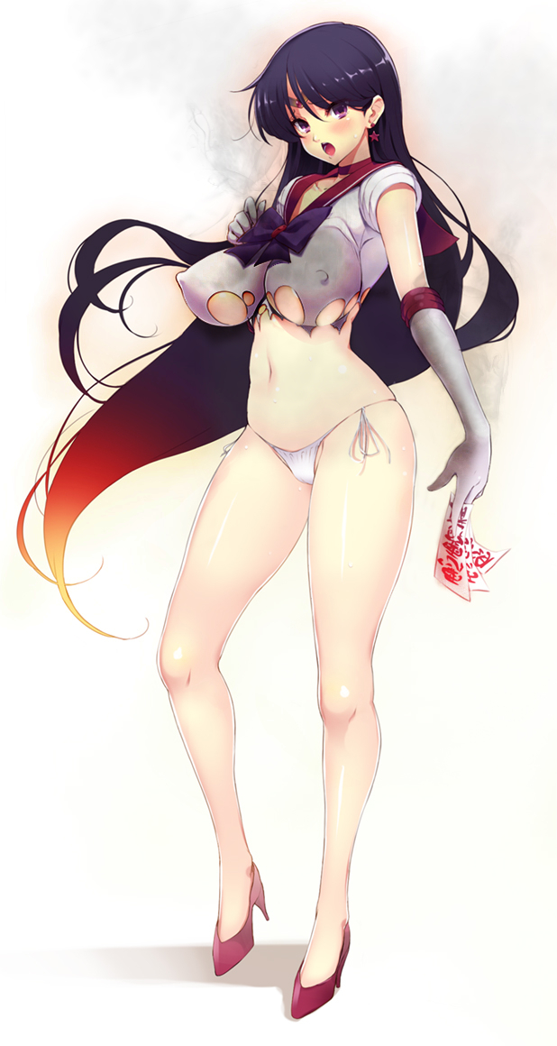 Sailor Mars stands dumbfounded and blushing as her outfit is half-burnt off her, revealing practically her entire body below her sizable bust, save for a tiny white G-string.  Her nipples very visibly protrude through the thin and tight white fabric.  Her long black hair flows in the breeze, with the end glowing red hot.  She holds three paper ofuda reading '悪霊退散' (akuryo taisan) or 'Evil spirit, disperse' in her left hand, between her index and middle fingers.